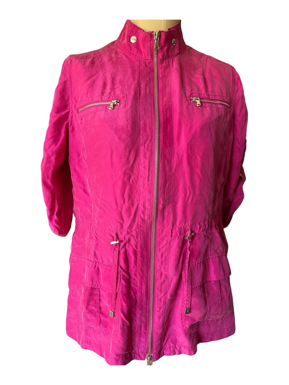 Women's Bright Pink Utility Jacket with Front Zip and Drawstring Waist